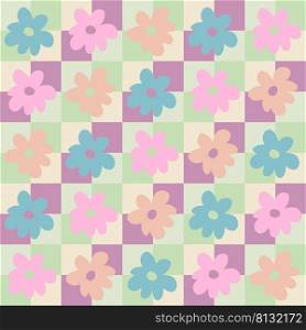 Groovy daisy flowers seamless pattern in 1970s style. Funny simple checkerboard print for fabric, paper, T-shirt. Doodle vector illustration for decor and design.