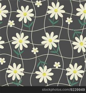 Groovy distorted chessboard background with cartoon daisies. Seamless pattern with flowers. Retro style vector illustration.. Cartoon daisy and chessboard seamless pattern on black background. Groovy distorted chessboard print with wild flowers. Vector illustration with chamomiles.