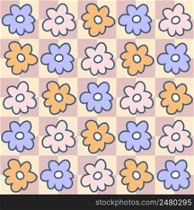 Groovy doodle flowers hippie aesthetic seamless pattern. Floral checkerboard print for fabric, paper, T-shirt. Funky doodle vector illustration for decor and design.