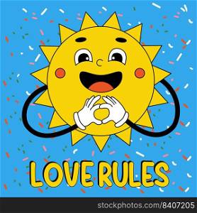 Groovy element funky cute sun. Funny cartoon character sun with hands with gloves. Love rules"e. Vector illustration trendy retro cartoon style. Comic element for sticker, square poster