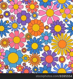Groovy flower background. Retro hippy 70s seamless pattern. Simple funky 60s floral summer print, color pop vintage spring daisy repeat texture. Pretty flowers vector illustration, beautiful blossom. Groovy flower background. Retro hippy 70s seamless pattern. Simple funky 60s floral summer print, color pop vintage spring daisy repeat texture. Pretty flowers vector illustration