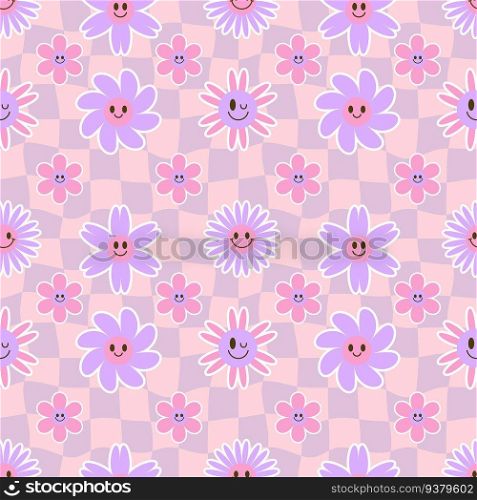 Groovy flower seamless pattern. Y2k floral smile background. Cartoon retro daisy print with funny faces. Vector trendy aesthetic illustration. Groovy flower seamless pattern. Y2k floral smile background. Cartoon retro daisy print with funny faces. Vector trendy aesthetic illustration.