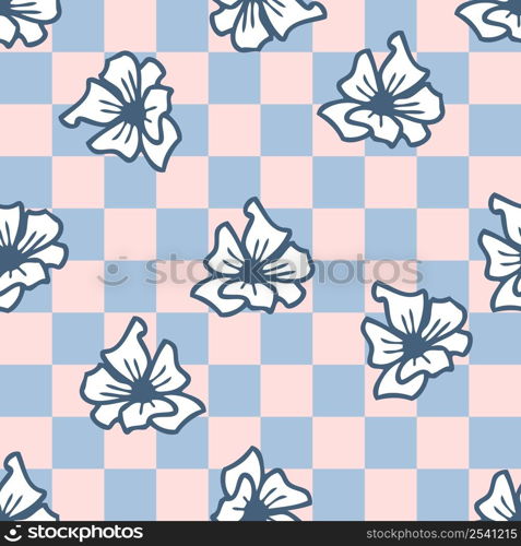 Groovy flowers seamless pattern on checkered background. Hippie aesthetic print for fabric, paper, T-shirt. Nature doodle vector illustration for decor and design.