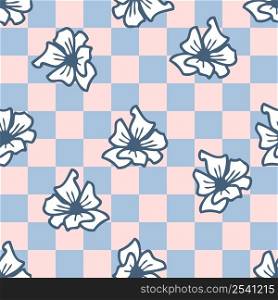 Groovy flowers seamless pattern on checkered background. Hippie aesthetic print for fabric, paper, T-shirt. Nature doodle vector illustration for decor and design.
