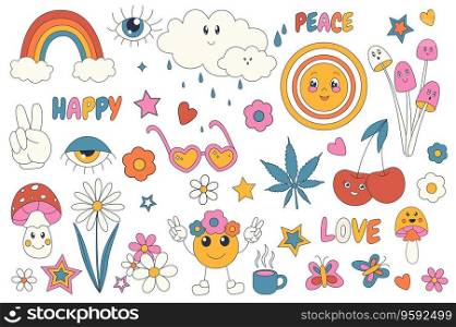 Groovy hippie 70s mega set graphic elements in flat design. Bundle of peace, love, happy, rainbow, psychedelic mushrooms, flowers, leaves, butterflies and other. Vector illustration isolated objects. Groovy Hippie 70s Vector Set