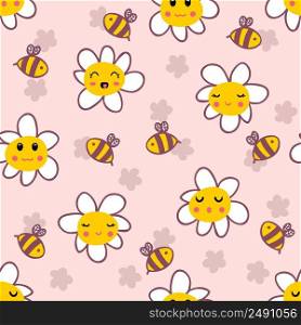 Groovy hippie aesthetic seamless pattern with daisies and honeybees. Funny simple characters print for nursery and baby fashion. Simple floral illustration for fabric, paper, stationery. 
