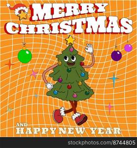 Groovy hippie Christmas poster. Christmas tree in trendy retro cartoon style. Merry Christmas and Happy New year greeting card, print, party invitation, background.. Groovy hippie Christmas poster. Christmas tree in trendy retro cartoon style
