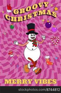 Groovy hippie Christmas poster. Snowman in trendy retro cartoon style. Merry Christmas and Happy New year greeting card, print, party invitation, background.. Groovy hippie Christmas poster. Snowman in trendy retro cartoon style