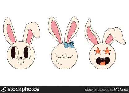Groovy hippie Happy Easter characters. Set of Easter bunnies in trendy retro 60s 70s cartoon style. Groovy hippie Happy Easter characters. Set of Easter bunnies in trendy retro 60s 70s cartoon style.