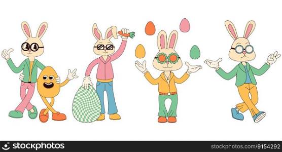 Groovy hippie Happy Easter characters. Set of Easter bunnies in trendy retro 60s 70s cartoon style. Groovy hippie Happy Easter characters. Set of Easter bunnies in trendy retro 60s 70s cartoon style.
