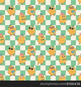 Groovy hippie Happy Easter seamless pattern. Chicks on a chess background. Easter backgrounds in trendy retro 60s 70s cartoon style. Groovy hippie Happy Easter seamless pattern. Chicks on a chess background. Easter backgrounds in trendy retro 60s 70s cartoon style.