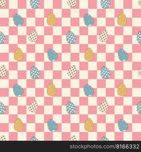 Groovy hippie Happy Easter seamless pattern. Easter eggs on a chess background. Easter backgrounds in trendy retro 60s 70s cartoon style. Groovy hippie Happy Easter seamless pattern. Easter eggs on a chess background. Easter backgrounds in trendy retro 60s 70s cartoon style.