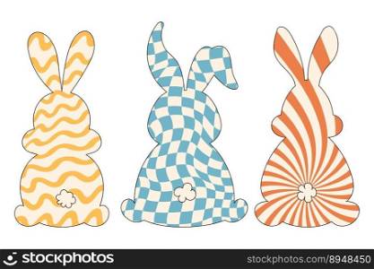 Groovy hippie Happy Easter. Set of Easter bunnies with patterns in trendy retro 60s 70s cartoon style. Groovy hippie Happy Easter. Set of Easter bunnies with patterns in trendy retro 60s 70s cartoon style.
