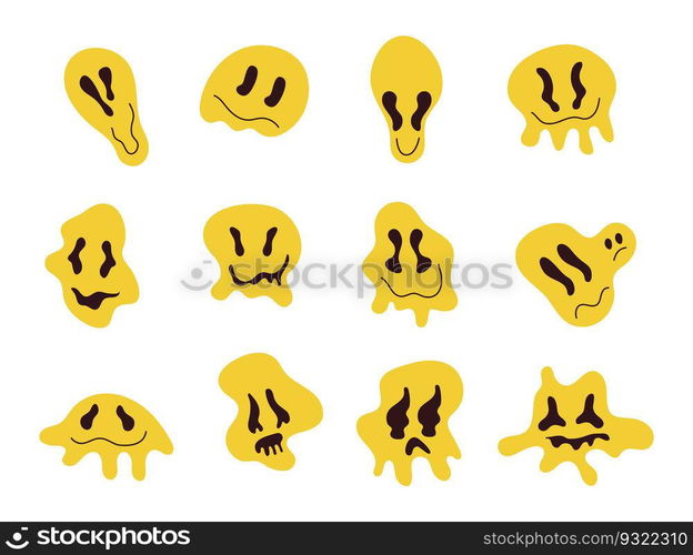 Groovy istorted emoticon faces vector set. Retro doodle dripping emoji ...