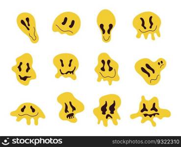 Groovy istorted emoticon faces vector set. Retro doodle dripping emoji. Funny LSD, surreal, techno, melting face sign. Acid, trippy, psychedelic emoji for web prints.. Groovy istorted emoticon faces vector set. Retro doodle dripping emoji.