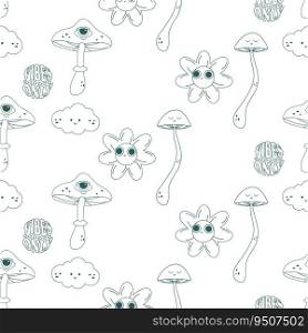    Groovy linear mushroom patter seamless. Vector illustration textile print on tshirt. Groovy linear mushroom patter seamless. Vector illustration