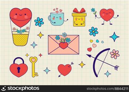Groovy lovely hearts stickers. Happy Valentines day. Cute characters in trendy retro 60s 70s cartoon style. Love concept.