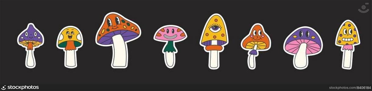 Groovy mushroom retro set with faces. Colorful flat vector illustration.