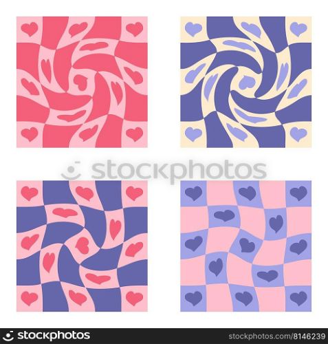 Groovy patterns with hearts collection in 1970s style. Romantic checkerboard prints set for fabric, T-shirt, stationery. Doodle vector illustration for decor and design.