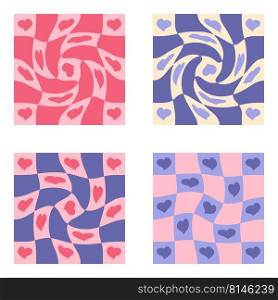 Groovy patterns with hearts collection in 1970s style. Romantic checkerboard prints set for fabric, T-shirt, stationery. Doodle vector illustration for decor and design.