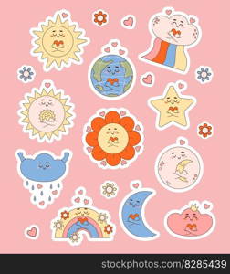 Groovy retro cartoon characters weather. Cute sun, moon, cloud, rainbow, flower power and planet earth with heart. Isolated vector illustrations. Collection funny stickers in trendy nostalgic style