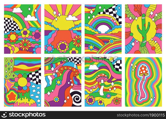 Groovy retro vibes, 70s hippie style psychedelic art posters. Abstract psychedelic hippie rainbow landscape 60s posters vector illustration set. Hippie style retro covers. Psychedelic vintage posters. Groovy retro vibes, 70s hippie style psychedelic art posters. Abstract psychedelic hippie rainbow landscape 60s posters vector illustration set. Hippie style retro covers