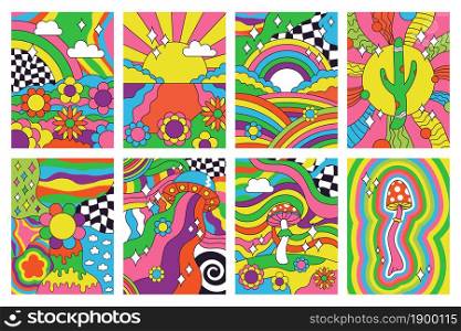 Groovy retro vibes, 70s hippie style psychedelic art posters. Abstract psychedelic hippie rainbow landscape 60s posters vector illustration set. Hippie style retro covers. Psychedelic vintage posters. Groovy retro vibes, 70s hippie style psychedelic art posters. Abstract psychedelic hippie rainbow landscape 60s posters vector illustration set. Hippie style retro covers