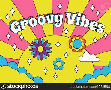 Groovy retro vibes, psychedelic style 70s hipster poster. Hippie style, abstract rainbow sun and flowers hipster vector background illustration. Retro psychedelic cover groovy 70s design. Groovy retro vibes, psychedelic style 70s hipster poster. Hippie style, abstract rainbow sun and flowers hipster vector background illustration. Retro psychedelic cover