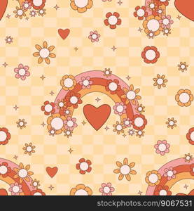 Groovy seamless pattern. Retro rainbow with Daisy Flowers on yellow background. Vector Illustration. Aesthetic Modern Art for wallpaper, design, textile, packaging, decor