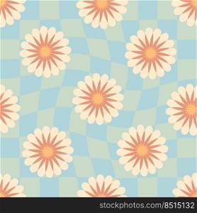 Groovy seamless pattern with abstract flowers in 1960 style. Floral aesthetic print for fabric, paper, stationery. Retro vector illustration for decor and design.