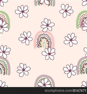 Groovy seamless pattern with chamomile flowers and rainbows in 1970s style. Hippie aesthetic print for T-shirt, fabric, textile. Floral vector illustration for decor and design.