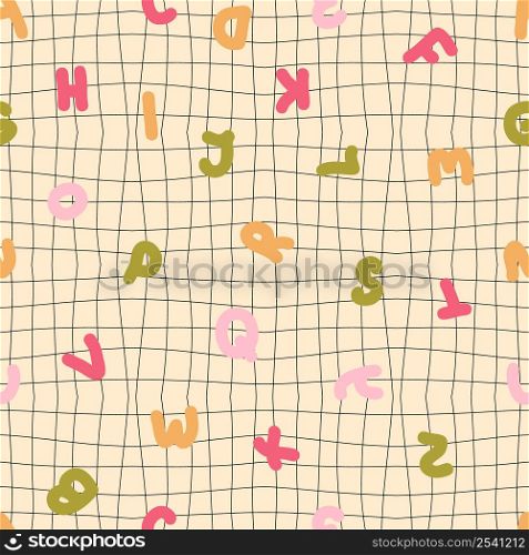 Groovy seamless pattern with english letters on grid distorted background. Hippie aesthetic print for fabric, paper, T-shirt. Doodle vector illustration for decor and design.