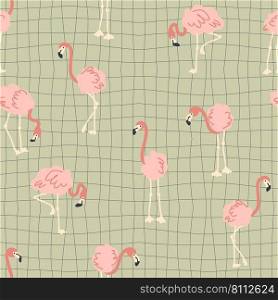 Groovy seamless pattern with flamingo on grid distorted background. Hippie aesthetic print for fabric, paper, T-shirt. Doodle vector illustration for decor and design. 