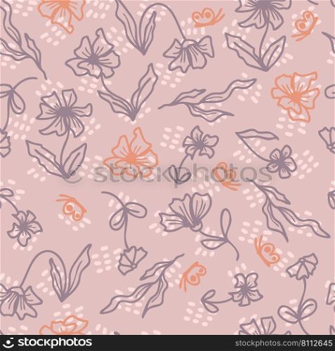 Groovy seamless pattern with flowers and butterflies on spotted background. Hippie aesthetic print for fabric, paper, T-shirt. Nature doodle vector illustration for decor and design.