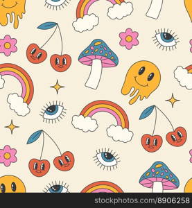 Groovy seamless pattern with flowers and mushrooms for design and print. 70s, 80s, 90s elements.