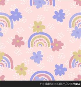 Groovy seamless pattern with flowers and rainbows in 1970s style. Boho aesthetic print for T-shirt, fabric, textile. Floral vector illustration for decor and design.