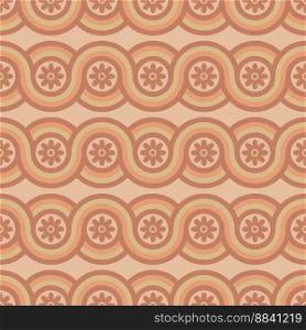 Groovy seamless pattern with geometric shapes and flowers. Design in the style of the 70s. Vector hand-drawn illustration.