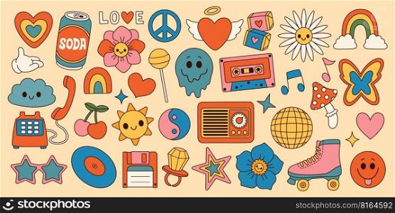 Groovy set hippie 70s. Cartoon flower rainbow peace Love heart daisy mushroom etc. Sticker pack in trendy retro style. 