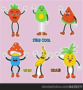 Groovy stickers. Retro cartoon funny comic characters fruit with gloved hands and feet. Comic vector elements in trendy cool style. Avocado, strawberry, watermelon, banana, pineapple and mushroom