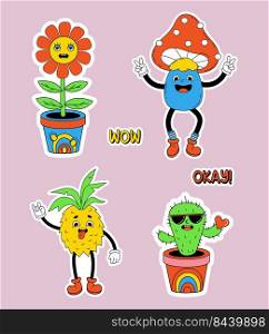 Groovy stickers. Retro cartoon funny comic characters fruit with gloved hands and feet. Comic vector elements in trendy cool style. flower power, pineapple and mushroom