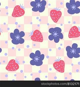 Groovy strawberries and flowers seamless pattern in 1970s style. Perfect for T-shirt, textile and print. Funky doodle vector illustration for decor and design.