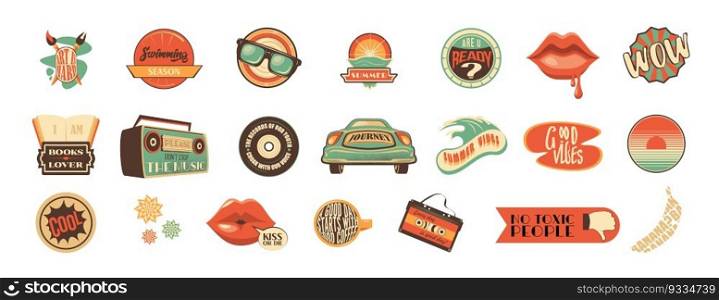 Groovy summer vibe sticker pack isolated on white background. Vector illustration of retro style patches with car, tape recorder, lips, vinyl plate, wave, sun, coffee cup and funny text. Trendy art. Groovy summer vibe sticker pack