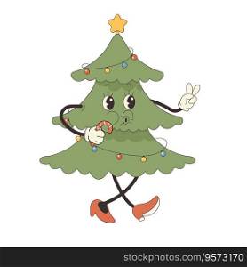 groovy xmas tree hippie, character pacing. New Years  Vector illustration. groovy xmas tree hippie, character pacing. New Years  