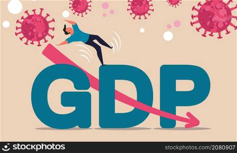 Gross domestic product - GDP forecast decline investment. Man impact low down and people panic on stock market vector illustration. Money debt government and crisis economic business. Graph arrow drop