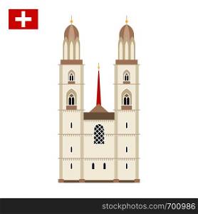 Grossmunster church in Zurich, Switzerland. Landmark icon in flat style. National attractions. Vector illustration. Grossmunster church in Zurich, Switzerland