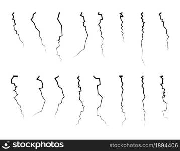 Ground cracks. Earth vertical splits. Vector illustration set isolated on white.