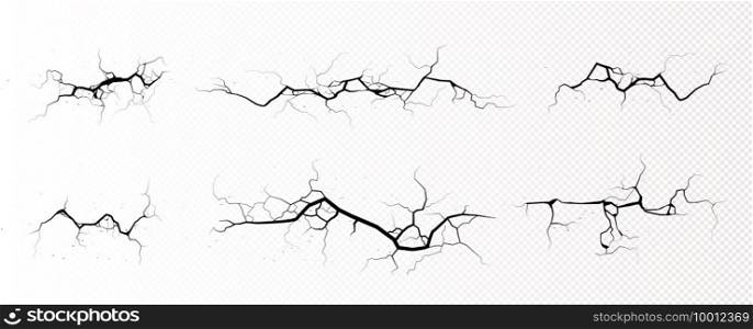 Ground cracks, horizontal breaks on land surface isolated on transparent background. Vector realistic set of fissure in ground, crevices from disaster or drought, black fractures top view. Ground cracks, horizontal breaks top view