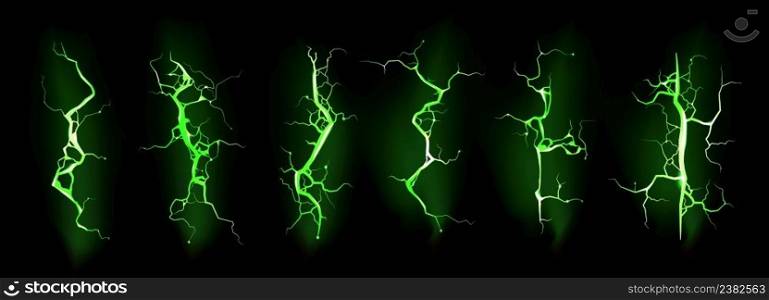 Ground cracks with neon green light top view. Vector realistic set of lightning, thunderbolt, electric impacts isolated on black background. Cracks of land destruction with magic glow. Ground cracks with glow, green lightning set