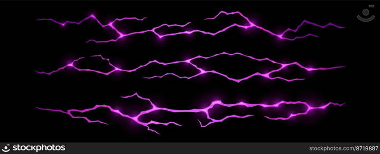 Ground cracks with purple light inside top view. Vector cartoon texture of horizontal breaks in land surface with magic glow or lightnings isolated on black background.. Ground cracks with purple light inside top view