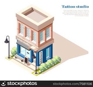 Ground floor tattoo body art studio isometric view of 2 story stone town house building vector illustration